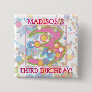 Badge Carré 5 Cm Bulles heureuses numéro trois, anniversaire trois