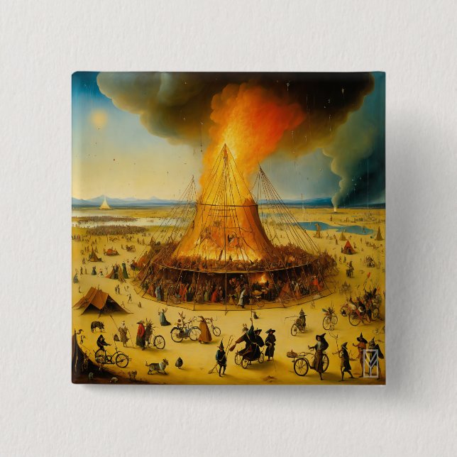 Badge Carré 5 Cm Button Burning Man in Boschian Vision (Devant)