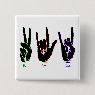Badge Carré 5 Cm Button de Peace Love Rock Sign Language