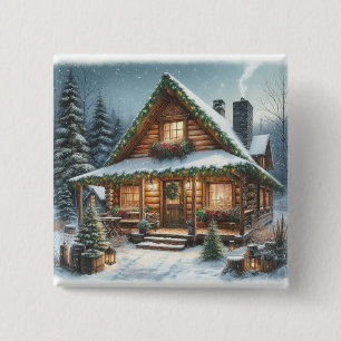 Badge Carré 5 Cm Cabane enneigée de Noël/hiver rustique