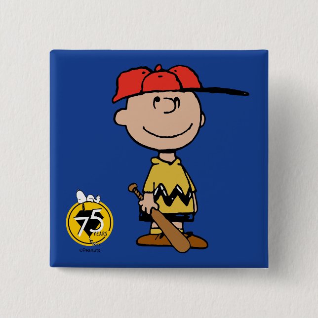 Badge Carré 5 Cm cacahuètes | Charlie Brown Baseball Smile (Devant)