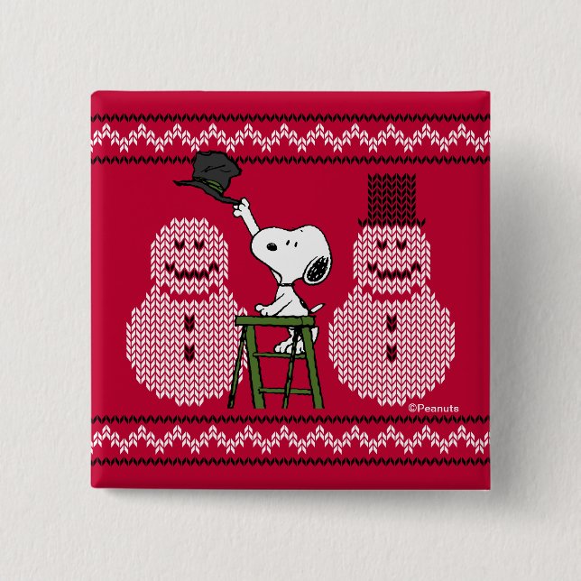 Badge Carré 5 Cm cacahuètes | Snoopy Christmas Sweater Snowman (Devant)