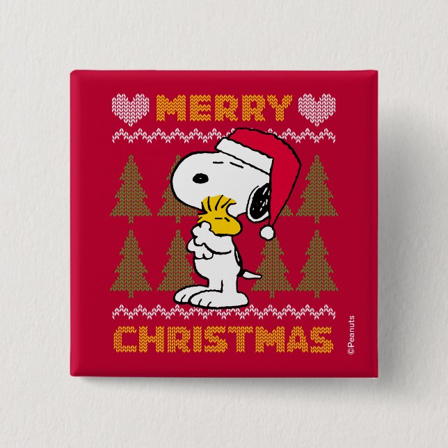 Badge Carré 5 Cm cacahuètes | Snoopy & Woodstock Santa Claus Hug (Devant)