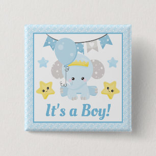 Badge Carré 5 Cm Cadeau de Baby Shower pour un Garçon Eléphant Bleu