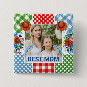 Badge Carré 5 Cm Cadre photo fleuri et à carreaux pour la fête des 