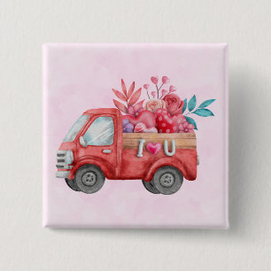 Badge Carré 5 Cm Camion d'amour mignon avec Coeur Cargo Aquarelle