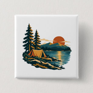Badge Carré 5 Cm Camping Tente au coucher de soleil au bord du lac