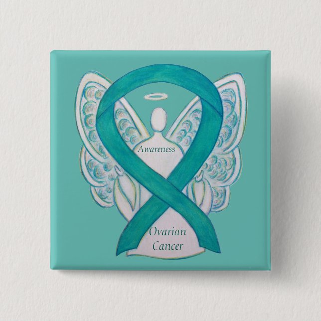 Badge Carré 5 Cm Cancer de l'ovaire Sensibilisation Turquoise Ruban (Devant)