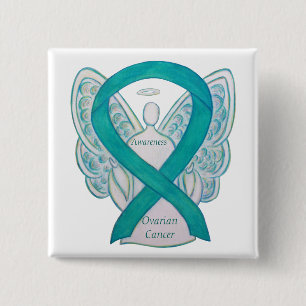 Badge Carré 5 Cm Cancer de l'ovaire Sensibilisation Turquoise Ruban