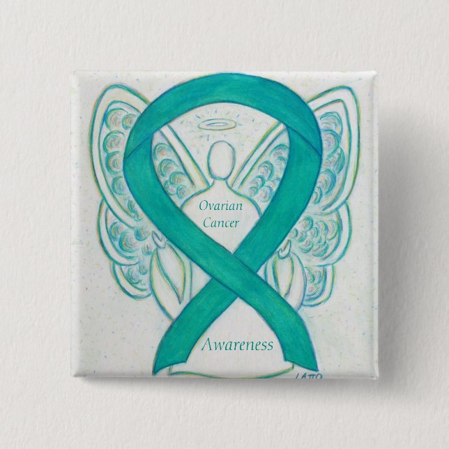 Badge Carré 5 Cm Cancer de l'ovaire Sensibilisation Turquoise Ruban (Devant)