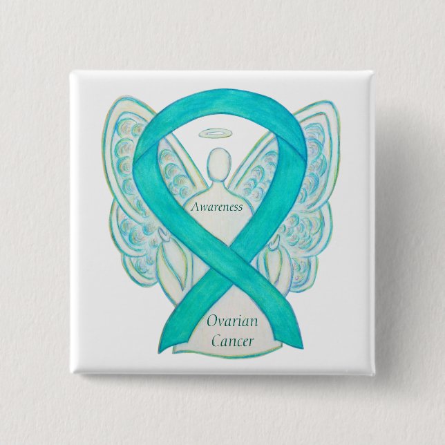 Badge Carré 5 Cm Cancer de l'ovaire Sensibilisation Turquoise Ruban (Devant)