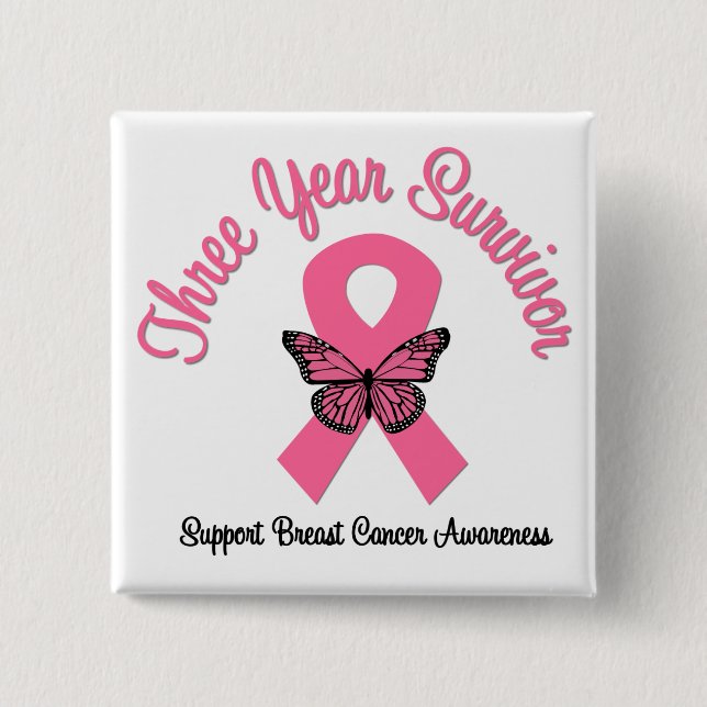Badge Carré 5 Cm Cancer du sein 3 ans Survivant (Devant)