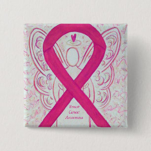 Badge Carré 5 Cm Cancer du sein Angel Hot rose Sensibilisation Pins