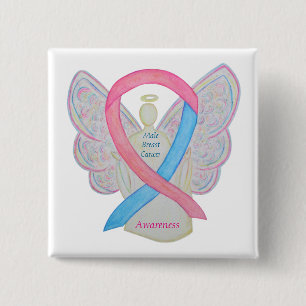 Badge Carré 5 Cm Cancer du sein masculin Ange Conscience rose Éping