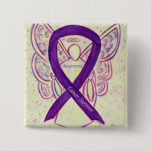 Badge Carré 5 Cm Cancer Survivant Violet Sensibilisation Ruban Ange