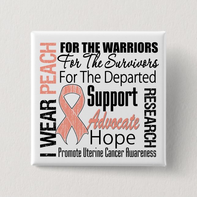 Badge Carré 5 Cm Cancer utérin Je Porte Peach Ribbon TRIBUT (Devant)