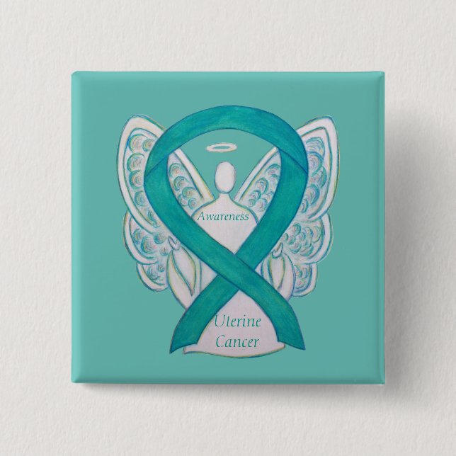 Badge Carré 5 Cm Cancer utérin Sensibilisation Turquoise Ruban Ange (Devant)