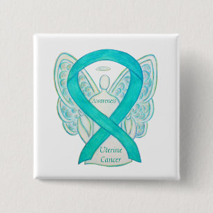Badge Carré 5 Cm Cancer utérin Sensibilisation Turquoise Ruban Ange