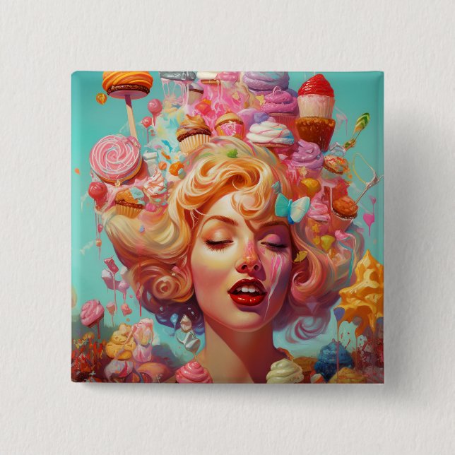 Badge Carré 5 Cm Candy Ice Cream Girl Surreal Imaginaire Art (Devant)