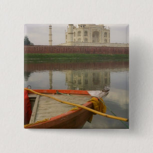 Badge Carré 5 Cm Canot dans l'eau avec le Taj Mahal, Agra, Inde