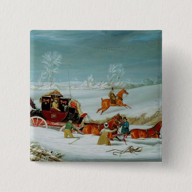 Badge Carré 5 Cm Car de courrier dans la neige (Devant)