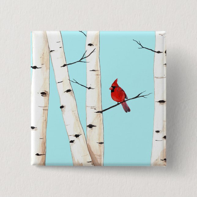 Badge Carré 5 Cm Cardinal Birch Tree Button Pin (Devant)