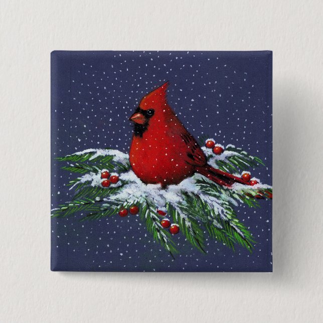 BADGE CARRÉ 5 CM CARDINAL DE NOËL : OISEAU : ART : NEIGE (Devant)