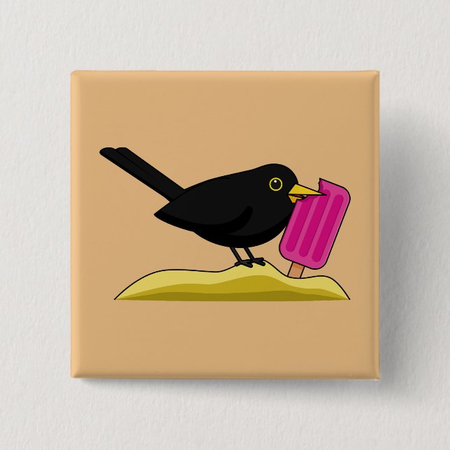 Badge Carré 5 Cm Caricature Blackbird Manger Une Crème De Glace (Devant)