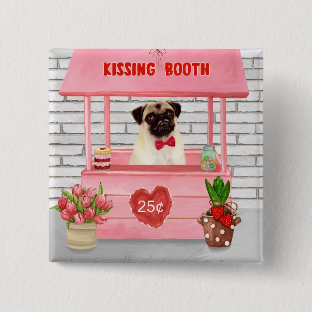 Badge Carré 5 Cm Carlin Chien Valentine's Day Kissing Booth (Devant)