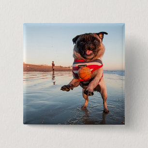 Badge Carré 5 Cm Carlin jouant au bal sur la plage