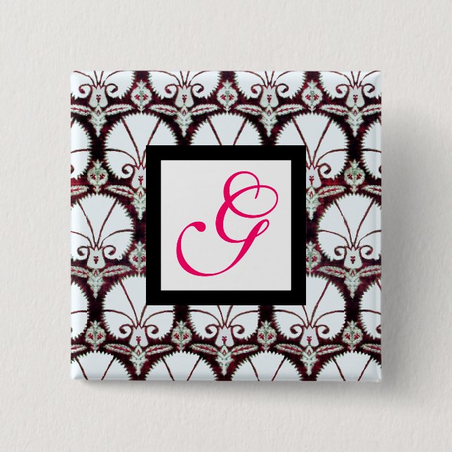 Badge Carré 5 Cm CARNATIONS BLANCHES DAMASK MONOGRAM fuchsia rose (Devant)