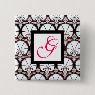 Badge Carré 5 Cm CARNATIONS BLANCHES DAMASK MONOGRAM fuchsia rose