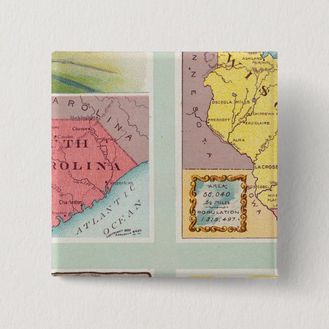 Badge Carré 5 Cm Caroline du Sud, Wisconsin, Maine, Michigan (Devant)