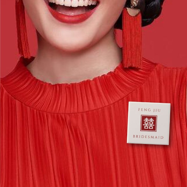 Badge Carré 5 Cm CARRÉ BRIDESMAID Double Bonheur Mariage chinois (BRIDESMAID Red/Ivory White Classic Square Double Happiness Wedding Button @ fatfatin_red_knot)