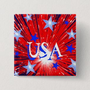 Badge Carré 5 Cm Carré du bouton Firework Red White Blue 'USA'