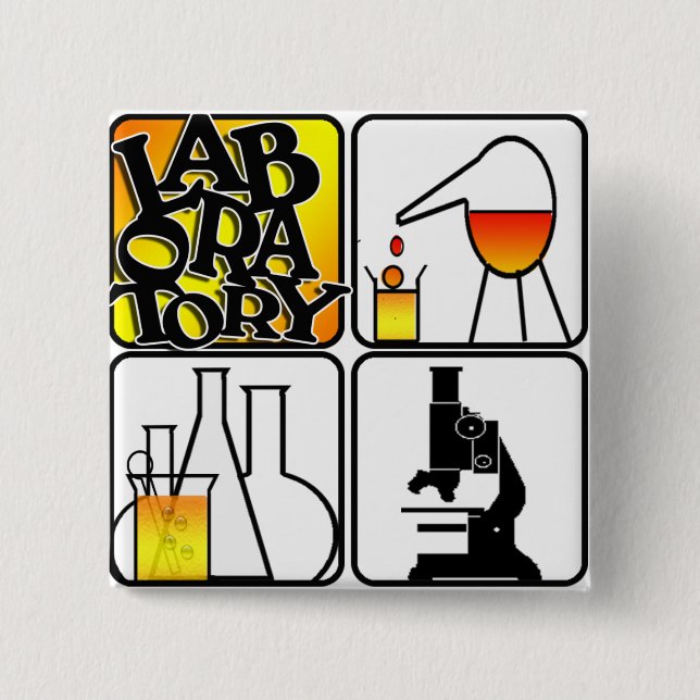 BADGE CARRÉ 5 CM CARRÉ DU LABORATOIRE 4 - BECHERS/MICROSCOPE (Devant)