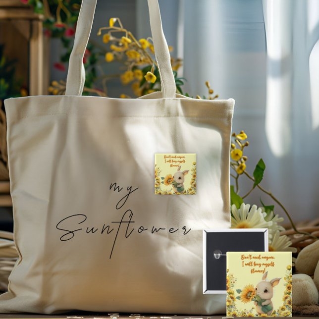 Badge Carré 5 Cm Carré | Joli lapin tenant du tournesol (Créateur téléchargé)