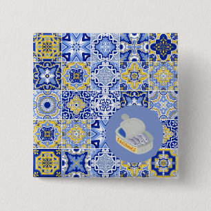 Badge Carré 5 Cm Carreaux bleus et sardines