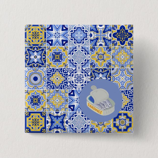 Badge Carré 5 Cm Carreaux bleus et sardines (Devant)