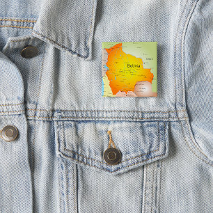 Badge Carré 5 Cm Carte de Bolivie avec villes et frontières