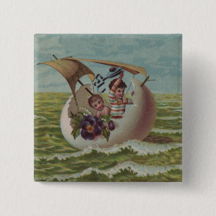Badge Carré 5 Cm Carte de Pâques antique Œuf de Voile Enfants