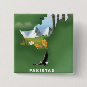 Badge Carré 5 Cm Carte de voyage illustrée du Pakistan.