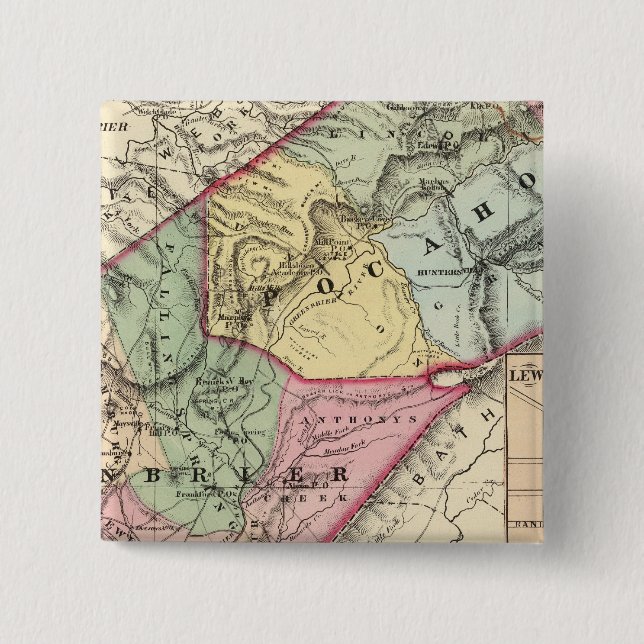 Badge Carré 5 Cm Carte des comtés de Pocohontas, Greenbrier (Devant)