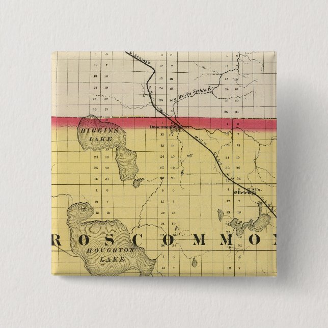 Badge Carré 5 Cm Carte du comté de Roscommon, Michigan (Devant)