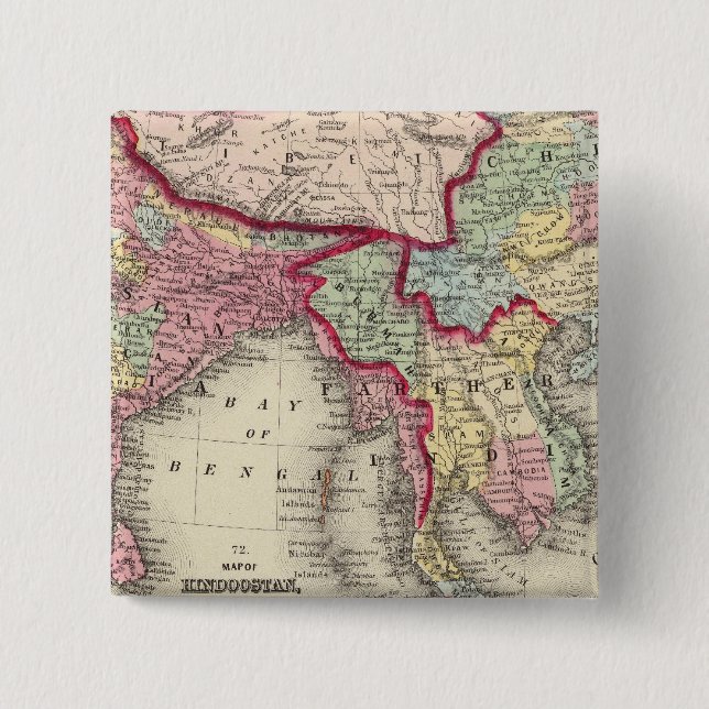 Badge Carré 5 Cm Carte du Hindoostan, de l'Inde, de la Chine et du  (Devant)