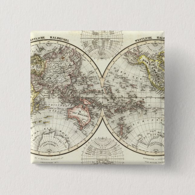 Badge Carré 5 Cm Carte du monde à double hémisphère (Devant)
