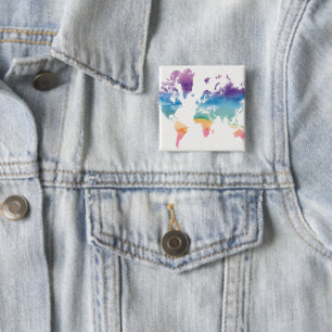 Badge Carré 5 Cm Carte du monde aquarelle
