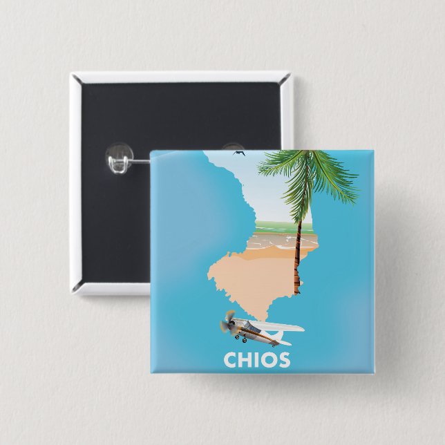 Badge Carré 5 Cm Carte illustrée de Chios Grèce. (Devant & derrière)