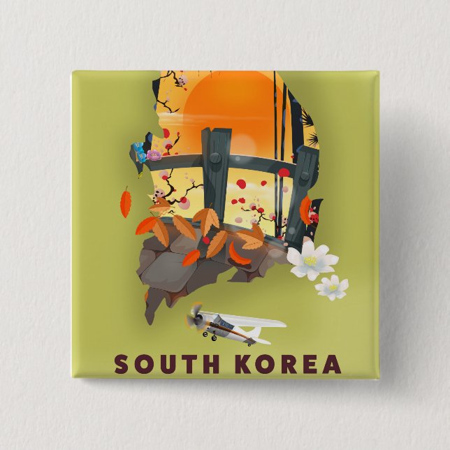 Badge Carré 5 Cm Carte illustrée de la Corée du Sud (Devant)