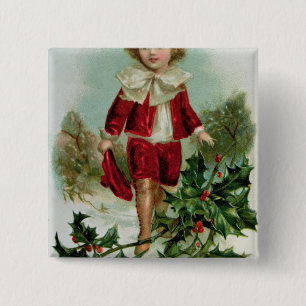 Badge Carré 5 Cm Carte postale victorienne de Noël dépeignant un